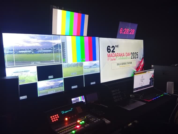 Control-room multiviewer carrying a live national broadcast