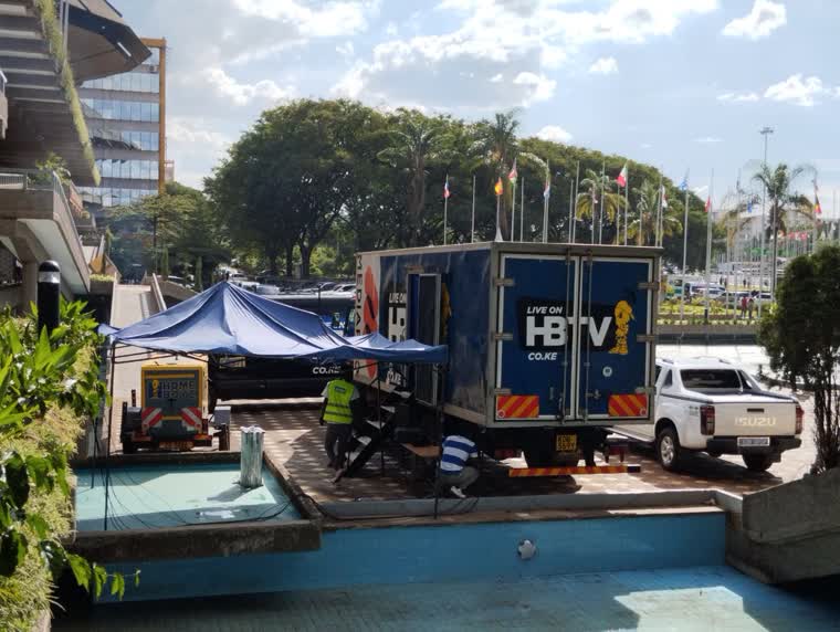 The OB van rigged at a civic plaza